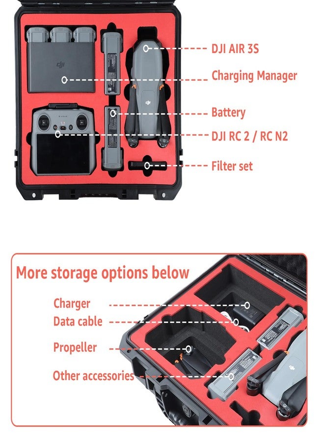 Drogear Waterproof Hard Case for DJI Air 3S Fly More Combo/Air 3 | Fits DJI RC2 / RC-N2 Remote Controller and Accessories | Up to 6 Batteries | Shockproof, Dustproof - Image 2